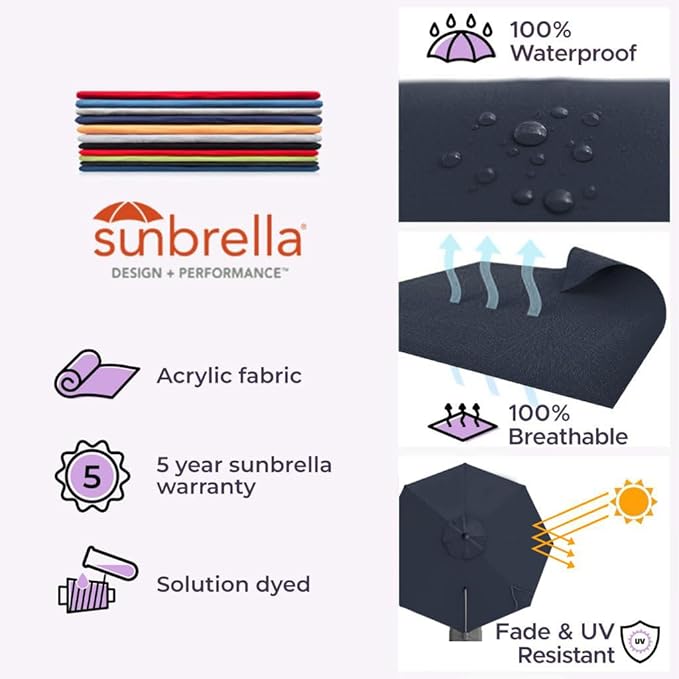 Midtown Umbrellas 10 Ft Outdoor Cantilever Patio Umbrella w/Sunbrella Canvas Navy Fabric - 360° Rotate Offset Patio Umbrella, Deck Patio Umbrella, Backyard Umbrella & Garden Umbrella - Black Frame