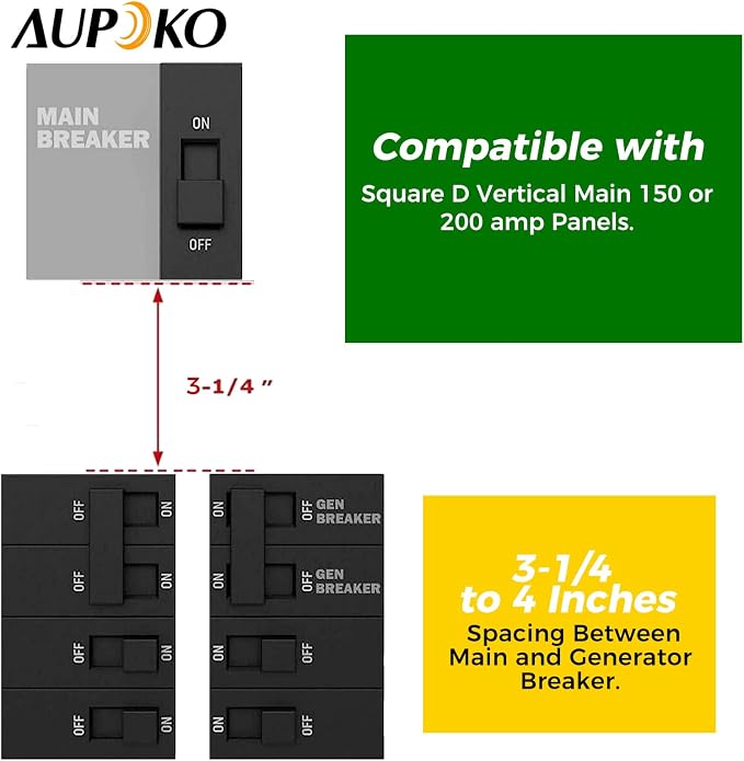 Aupoko Generator Interlock Kit Compatible with Square D Vertical 150 and 200 AMP Panels, 3 1/4 to 4 Inch Spacing between main and generator breaker, for Safe Usage of Portable Power During Outage