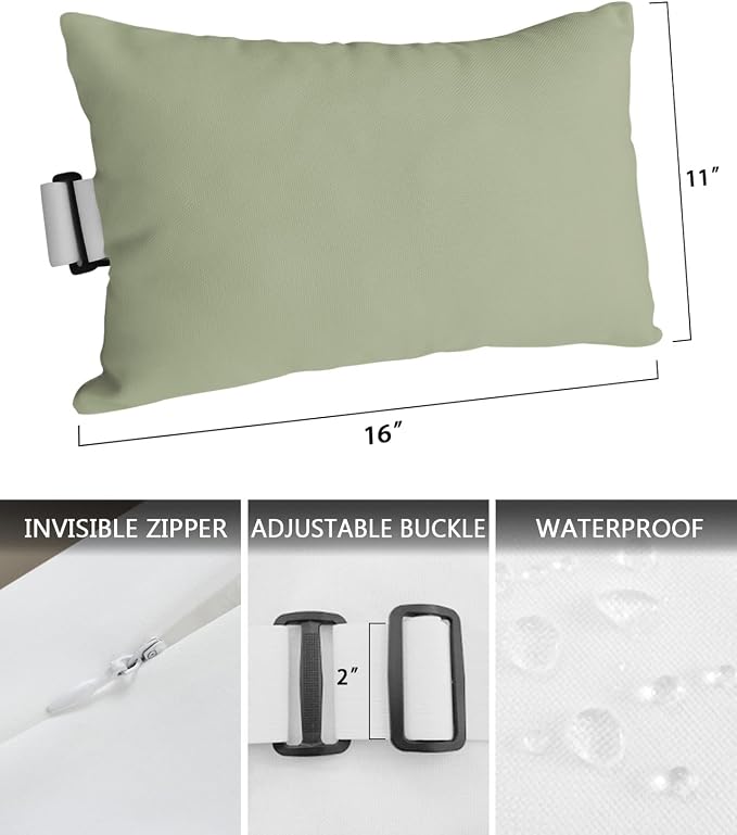 Sage Green Outdoor Beach Chair Pillow Headrest for Chaise Lounge Chair, Farmhouse Sage Gre Solid Color Recliner Head Pillow Waterproof Pillowcases with Elastic Stripes & Pillow Inserts 11x16,1 Pcs