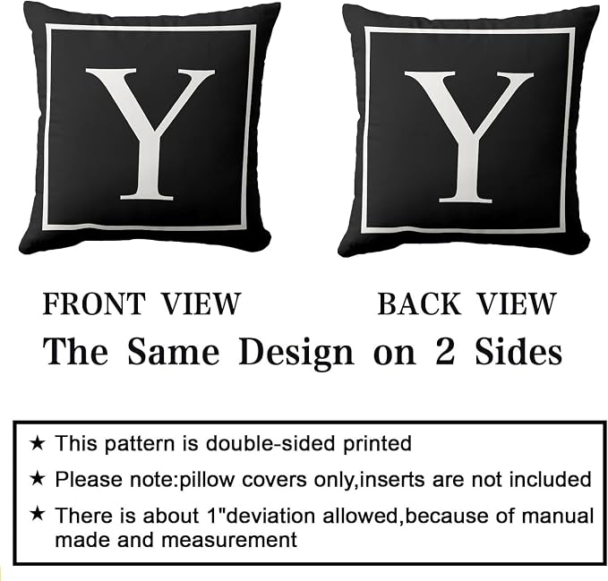 Monogram Initial Classical Black Outdoor Pillow Covers 20 x 20inches Decorative Pillow Case for Sofa Couch Bed (Pillow Insert Not Include)