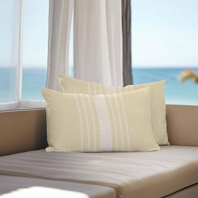 Vandarllin Outdoor Throw Pillows Covers 20x12 inch Set of 2 Waterproof Cream Vertical Stripes Decorative Zippered Cushion Covers for Patio Furniture, Classic Striped Linen Lumbar Pillowcases