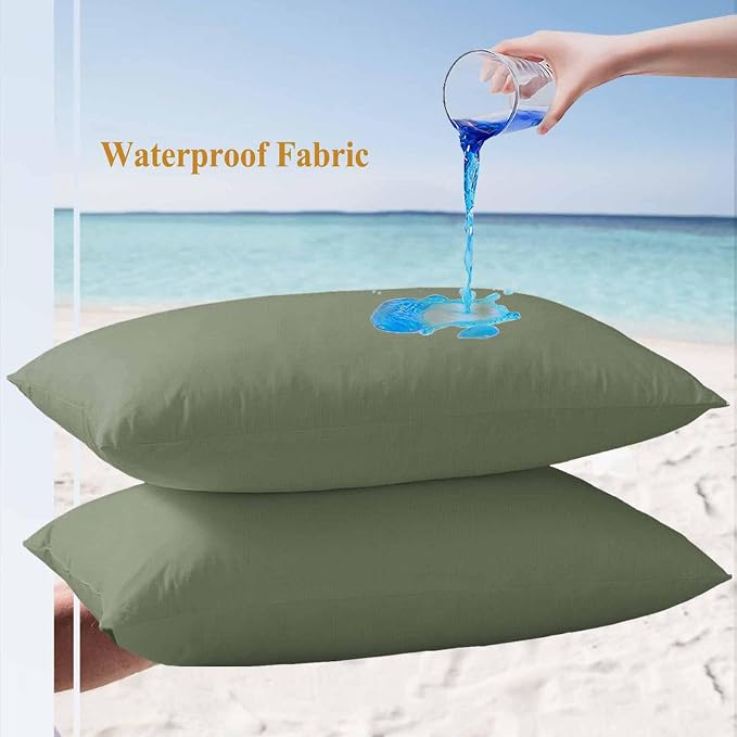 Lumbar Pillow Covers 20x12 Inch Set of 2, Green Solid Color Waterproof Outdoor Pillow Covers, Aesthetics Contemporary Luxury Decorative Cushion Pillowcases for Couch, Sofa, Bed, Garden, Patio
