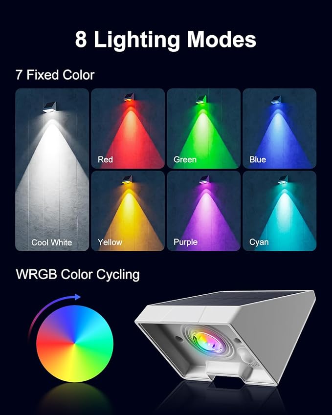 12 Pack Color Changing Solar Powered Fence Lights Outdoor Landscape LED Waterproof Yard Lighting for Outside Wall, Deck, House Patio, Railing, Porch, Step, 8 Colores, Easy Installation ( White Shell )