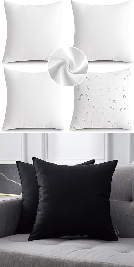 MIULEE Pack of 4 Waterproof Pillow Inserts Bundle Pack of 2 Outdoor Pillow Covers Black 16x16 Inch
