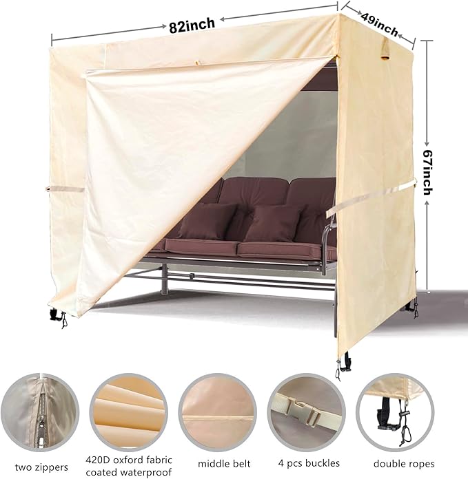 Outdoor Swing Cover 3 Triple Seater Hammock Cover Garden Swing Cover Garden Hammock Glider Chair Cover Patio Furniture Cover UV Resistant Swing Canopy Cover All Weather Protection Beige