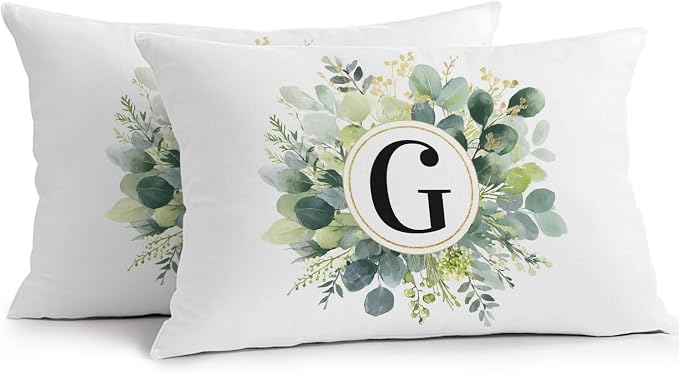 Letter G Waterproof Outdoor Pillow Covers Set of 2 Home Decor, Alphabet Green Eucalyptus Leaves Lumbar Pillowcase Patio Pillow Covers for Couch Bench Patio Furniture Garden 20x12in