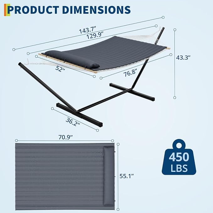 Double Hammock with Stand for 2, Heavy Duty 350 Lb Capacity Portable Rope Hammock for Indoor & Outdoor Use, Includes Padded Mat and Pillow, Tool-Free Easy Assembly, Dark Gray