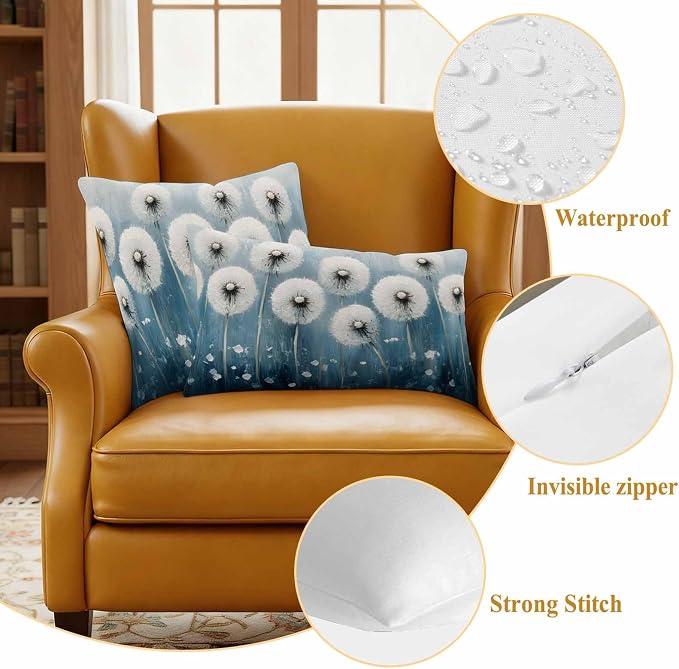 Spring Floral Waterproof Outdoor Pillow Covers Set of 2 Home Decor, Whit Blue Oil Painting Pastoral Pillowcase Patio Pillow Covers for Couch Bench Furniture Garden 26x26in