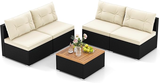 5 Pieces Patio Furniture Set, Outdoor Sectional Sofa with Acacia Wood Coffee Table & Cushions, Wicker Patio Conversation Set for Porch, Deck, Balcony, Poolside & Backyard (Off White)