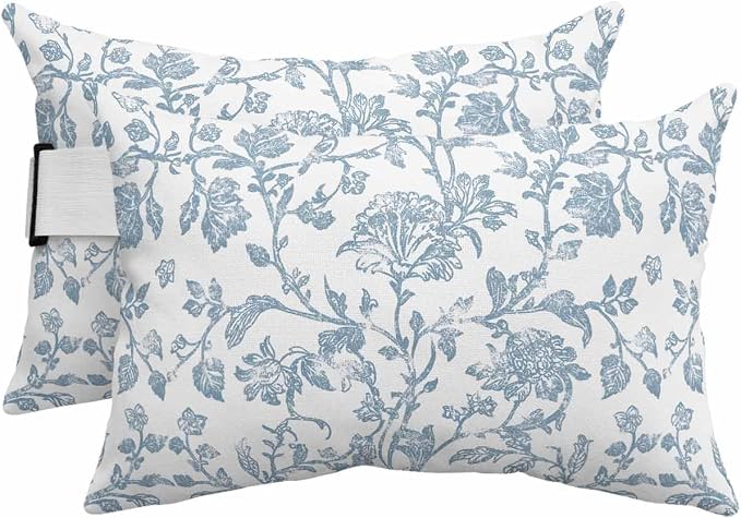 Pack of 4 Outdoor Lumbar Pillow Covers 12x20 Inch, Light Blue Flower Waterproof Throw Pillow Covers Set, Vintage Farmhouse Boho Leaf Spring Indoor&Outdoor Cushion Cases for Patio Porch Beach