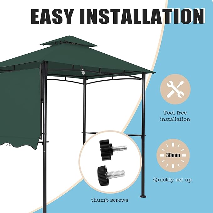 FAB BASED 5x8 Grill Gazebo with Extra Awning, All-Weather Steel Construction, Double Tiered & Resistant Canopy Roof, Metal Serving Shelves, 2 LED, Bottle Opener for Patio, Backyard, BBQ (Green)