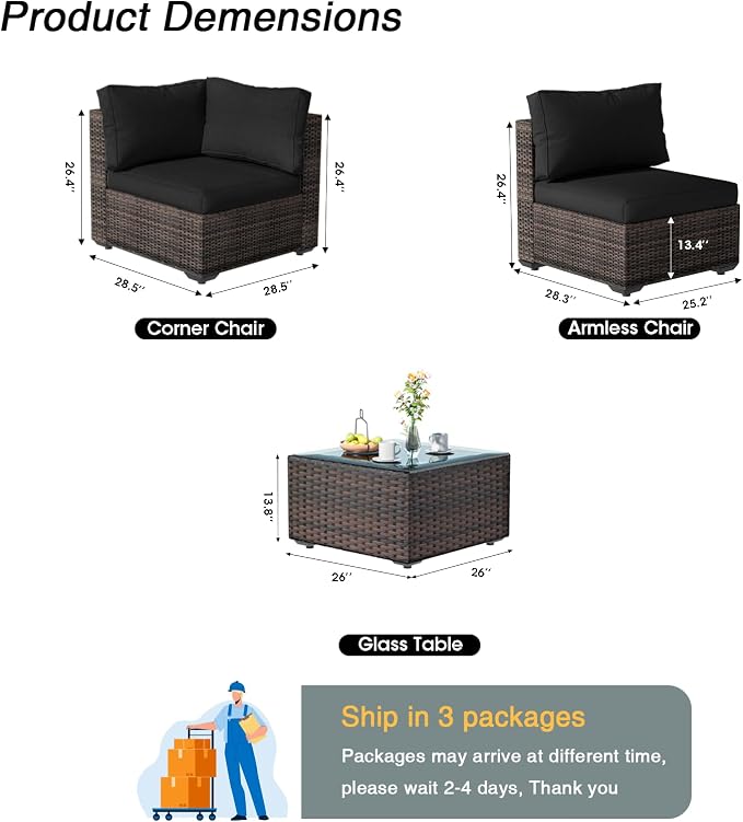 7 Pieces Patio Furniture Set, Rattan Outdoor Sectional Conversation Sets, All Weather Outdoor Furniture Set with Cushions for Garden Lawn Balcony Porch Deck, Black