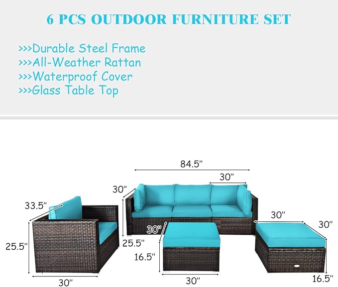 Tangkula 6 Pieces Wicker Patio Furniture Set, PE Rattan Outdoor Sectional Conversation Set with Glass Coffee Table & Ottoman, Wicker Sofa Set with Cushions for Yard Garden, Deck, Porch (Turquoise)