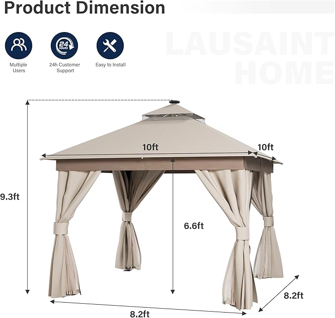 LAUSAINT HOME Patio Gazebo 10'x10' with Solar LED Roof Lights, Outdoor Heavy Duty Party Tent Shelter with Double Roofs, Mosquito Netting & Privacy Curtains for Backyard, Garden, Lawn, Khaki