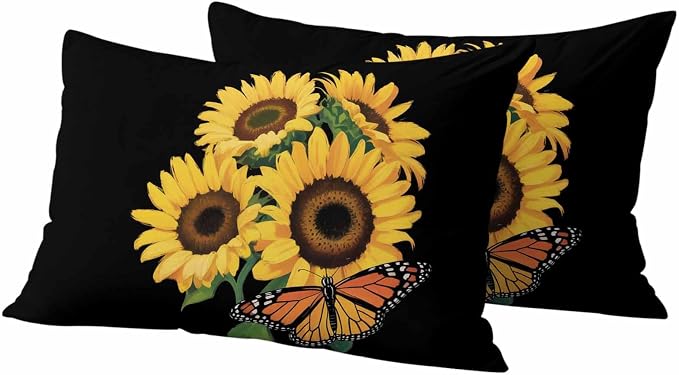 Outdoor Waterproof Throw Pillow Covers Set of 2 Watercolor Sunflower Lumbar Pillowcases 20x12 Inches Summer Floral Butterfly Decorative Pillows Cushion Case Patio Pillows for Couch Bed Chair Garden