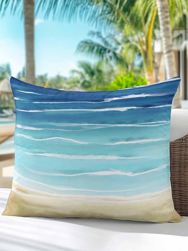 1 Pack Outdoor Pillows Waterproof, Blue Beige Ombre Indoor/Outdoor Throw Pillows with Inserts, Coastal Nautical Summer Beach Wave Decorative Pillow for Patio Furniture Chairs Couch 16"x16"