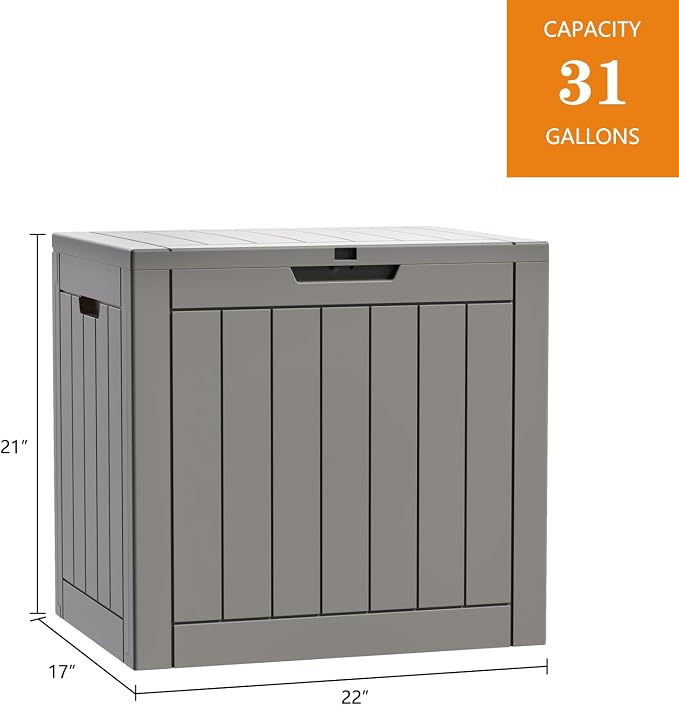 Modern-Depo 31 Gallon Waterproof Storage Deck Box Patio Furniture Organization Container with Lockable Lid, PP Outdoor Side Table for Garden, Yard, Poolside, Gray