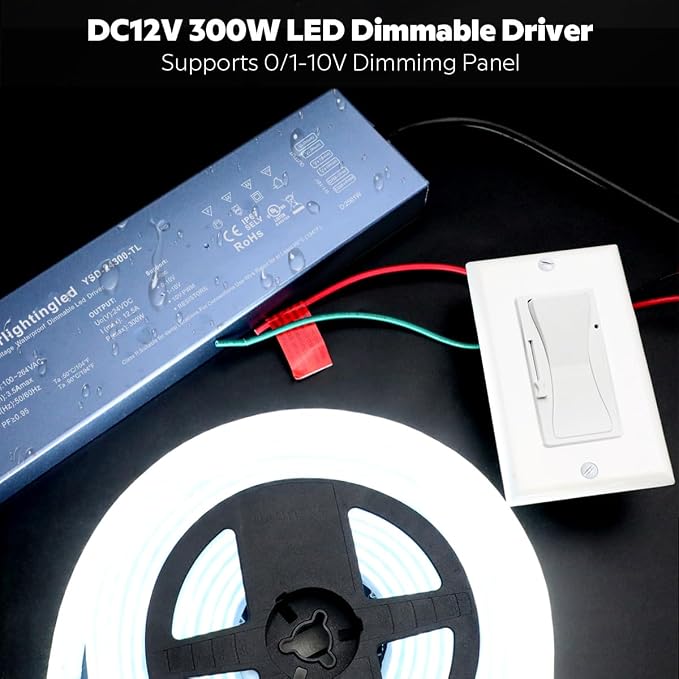12VDC 300W 0/1-10V & TRIAC Dimmable LED Driver, UL-Listed IP67 Waterproof Power Supply, 110V AC to 12V Low Voltage Transformer for LED Strip Lights, Landscape, Underwater, Fountain & Wall Wash Lights