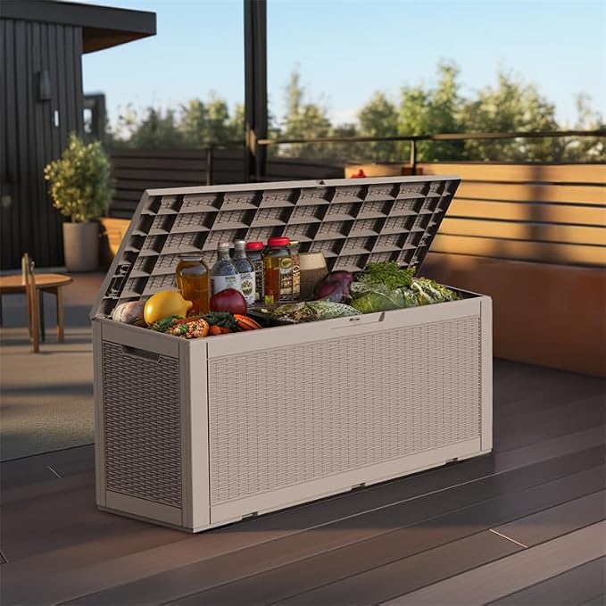 PatioZen 100 Gallon Resin Deck Box Outdoor Storage Box with Lockable Lid, Waterproof for Patio Cushions, Gardening Tools & Exercise Equipment