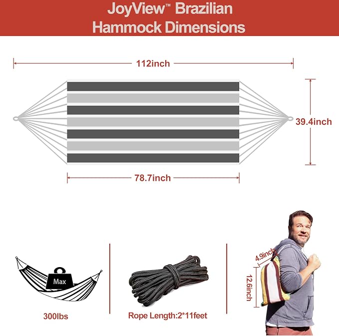 JoyView Brazilian Hammock for Single Preson Portable Hammock with Hanging Ropes & Carry Bag Large 78.8x39.4” for Patio 300LBS Capacity Perfect for Outdoor/Indoor - Grey Stripe