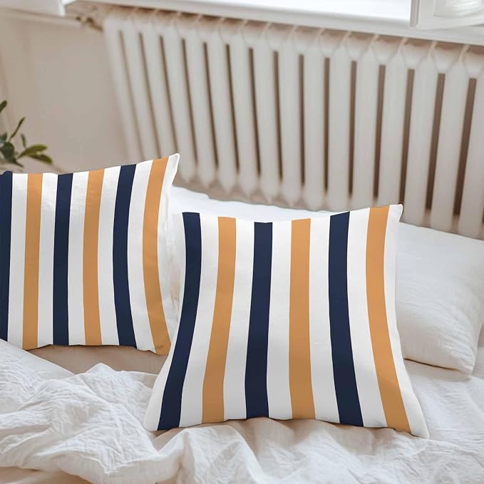 Burnt Orange Navy Blue Striped Waterproof Outdoor Pillow Covers Set of 2 Home Decor, Farmhouse Stripe Art Pillowcase Patio Pillow Covers for Couch Bench Furniture Garden 16x16in