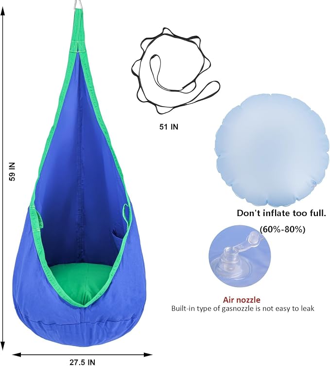 YAERSI Kids Pod Swing Seat, Cotton Hammock Chair with PVC Inflatable Cushion,Sensory Swing for Indoor and Outdoor Play Portable