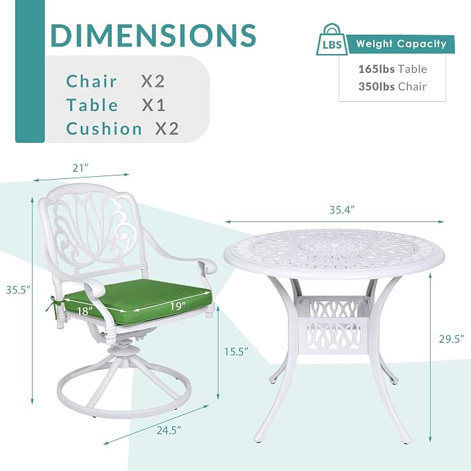 MEETWARM 3-Piece Outdoor Patio Dining Set, All-Weather Cast Aluminum Patio Conversation Set for Backyard Garden with 2 Cushions Swivel Rocker Chairs and 35.4" Round Table, 2.2" Umbrella Hole, White