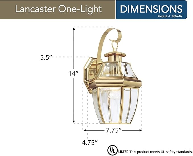 Generation Lighting Lancaster Outdoor Wall Lantern in Polished Brass | Wet-Rated Brass Fixture with Clear Beveled Glass, a Porch Light, Outside Light, or Exterior Lighting Fixture for Entry