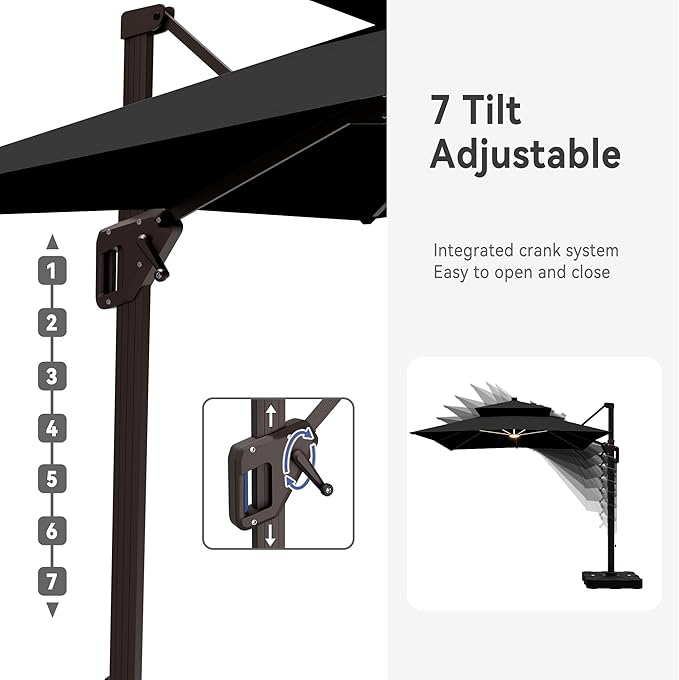 9' X 12' Cantilever Patio Umbrella with Base Included and Led Lights Double Top Rectangular Outdoor Large Offset Umbrellas with 7 Tilts Adjustable 360°Rotation for Deck Pool Garden Backyard, Black