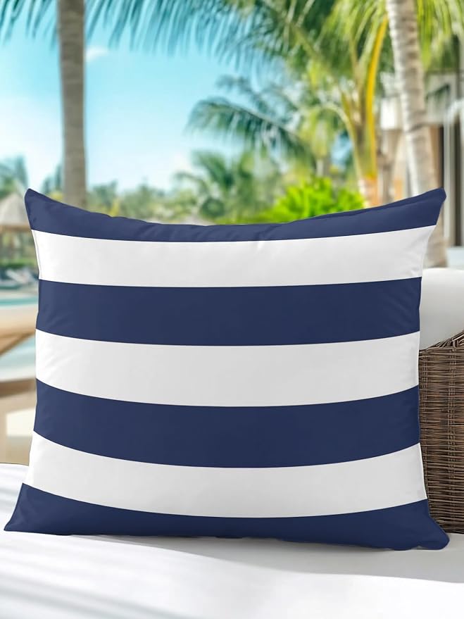 Waterproof Outdoor Pillow 1 Pack Navy Blue Stripe Decorative Throw Pillows Cover & Insert 16x16 Inch Pillowcase Simple Style Striped Square Pillows for Couch Sofa Bed Patio Furniture Indoor Outdoor