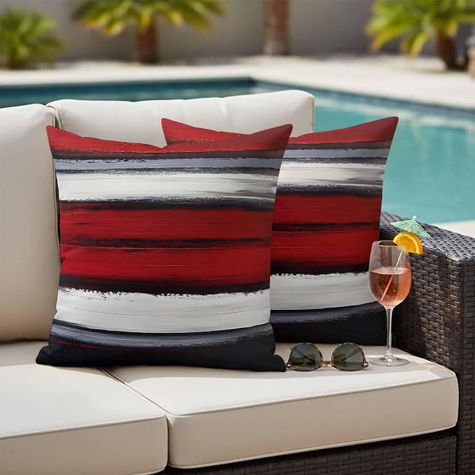 Red and Black Strip Outdoor Pillow Covers 26"x26" Set of 2, Classic Modern Art Waterproof Throw Pillow Covers for Patio Furniture, Decorative Cushion Covers for Porch