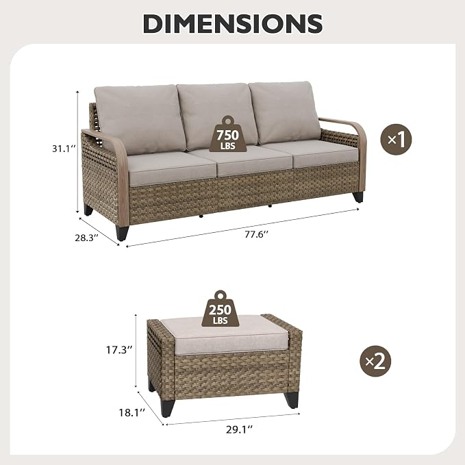 EAGLE PEAK Modern Wicker Outdoor Patio Furniture Set, Patio Conversation Set, a 3-Seat Loveseat and 2 Ottomans, 3 Pieces, Brown/Gray