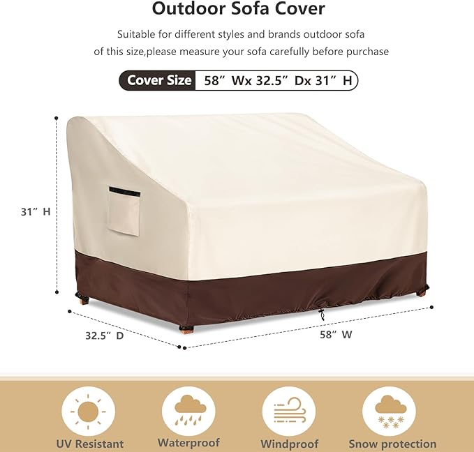 2-Seater Patio Sofa Cover, 600D Heavy Duty Waterproof Outdoor Sofa Covers, 58 W x 32.5 D x 31 H Inches Outdoor Couch Cover, Patio Furniture Covers, Lvory&Brown