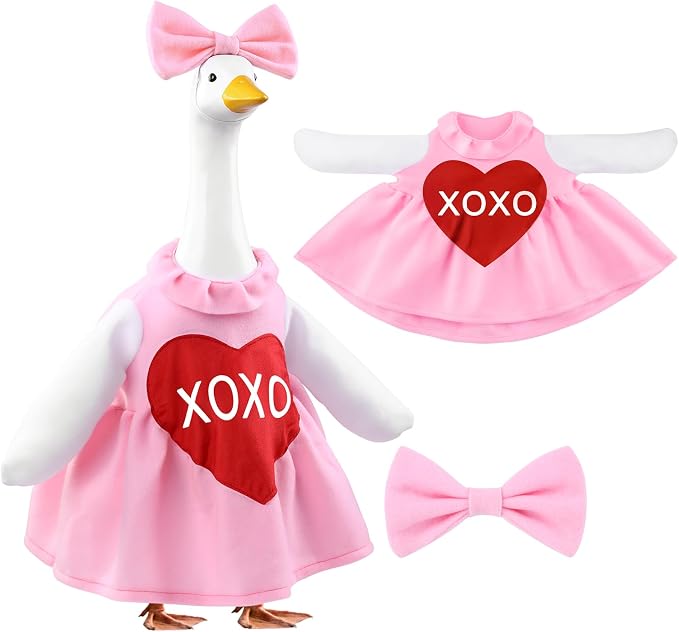 Valentine's Day Goose Outfit for 23" Porch Goose Holiday Pink Red Heart Cloths Costume Valentines Party Outdoor Garden Patio Yard Lawn Art Decoration