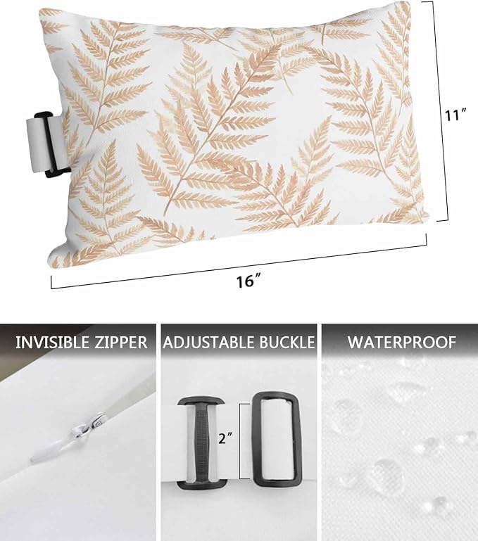 Lumbar Pillow Covers Set of 2, Beige Ferns Waterproof Outdoor Chaise Lounge Pillow Covers with Elastic Strap, Spring Summer Botanical Leaves Headrest Pillowcase for Patio, 11 x 16