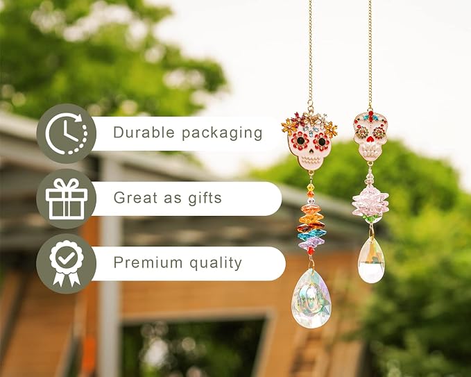 2 Pcs Skull Rhinestone Crystal Pendant Chandelier Suncatcher Hanging Decor | Crystal Bead Chain Suncatcher with Skull Rhinestone Pendant for Chandelier Window Wedding Party Decor Accent