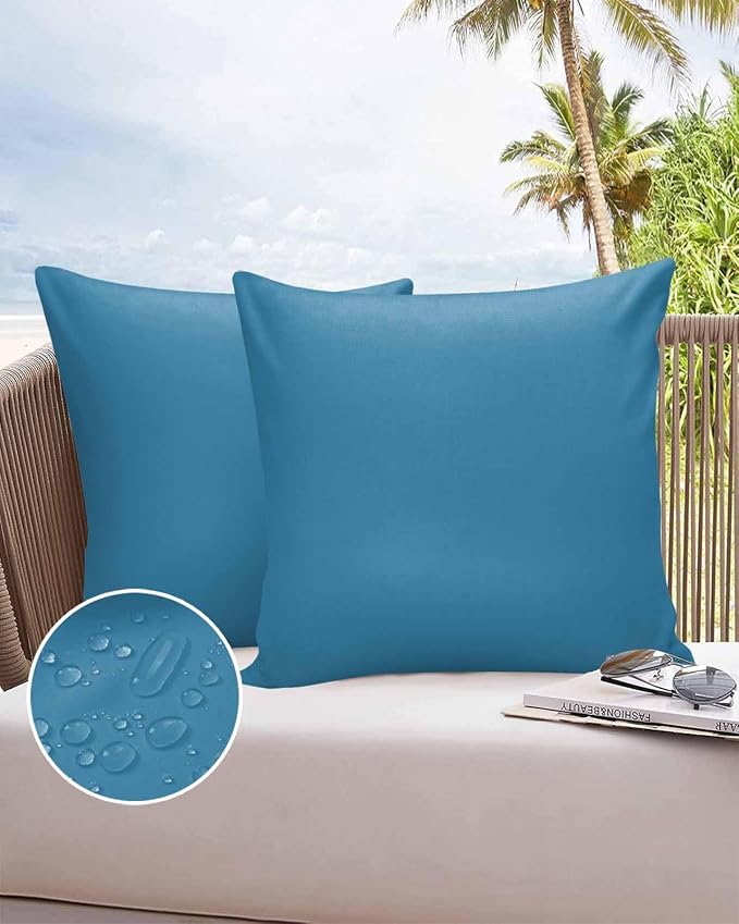Outdoor Waterproof Throw Pillow Covers Set of 2 Wave Ride Blue Pillowcases 16x16 Inches Solid Color Patio Decorative Pillows Cushion Case Patio Pillows for Couch Bed Chair Garden