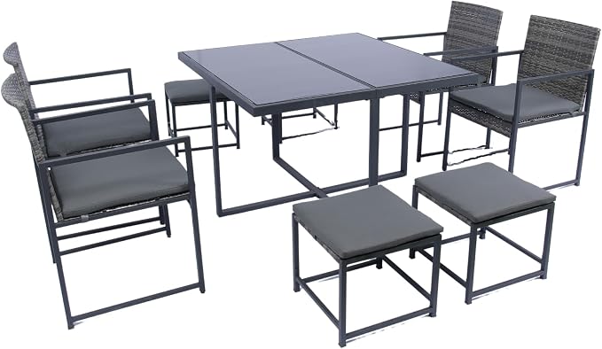 LUMISOL 9 Piece Outdoor Patio Dining Set with Glass Top Table,Patio Furniture Sets with Cushion,All Weather Sectional Conversation Set,Space Saving Patio Set for 8,Backyard,Beach