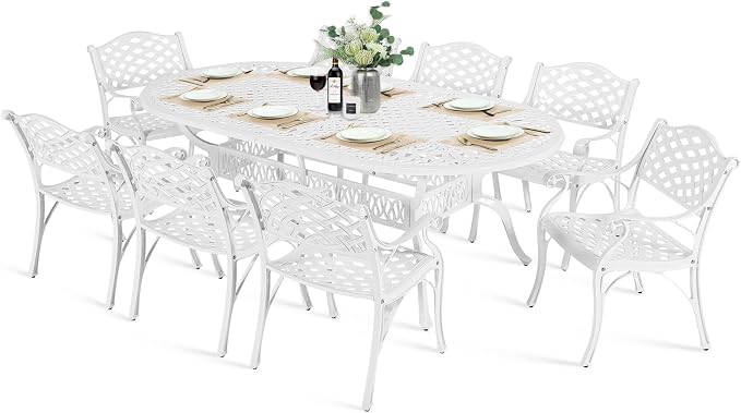 MEETWARM 9-Piece Outdoor Patio Dining Set, 8 Outdoor Dining Chairs and 1 Oval Table with 2" Umbrella Hole, All Weather Cast Aluminum Patio Funiture Set for Backyard, Garden, Patio,White