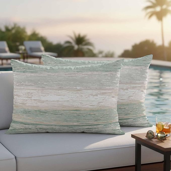 Green Gray Outdoor Pillow Covers 20"x12" Set of 2, White Gradient Rustic Striped Minimalist Country Waterproof Throw Pillow Covers for Patio Furniture, Decorative Cushion Covers for Porch