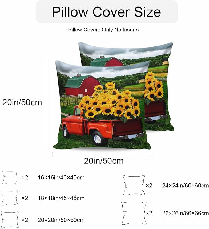 Waterproof Pillow Covers Set of 2 16x16 Inch Farmhouse Sunflower Outdoor Cushion Covers Farm Red Truck Decorative Pillow Cases for Patio, Sofa, Couch, Garden, Balcony