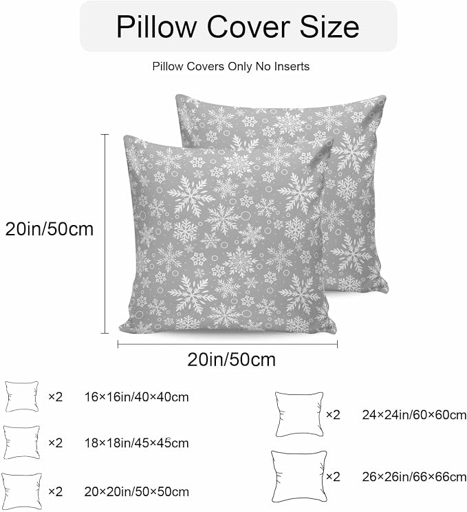 Outdoor Waterproof Throw Pillow Covers, Merry Christmas and Happy New Year Winter Snowfalke Geometric Pattern Gray Pillowcases Cushion Covers Cases for Patio Couch Bench, Pack of 2 Square, 18X18 Inch