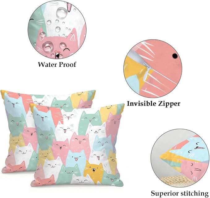 18x18 Inch Outdoor Pillow Covers Set of 2 Waterproof Throw Pillow Covers Decorative Couch Cushion Covers Cats Cute Square Pillowcases Protectors for Patio Garden Sofa