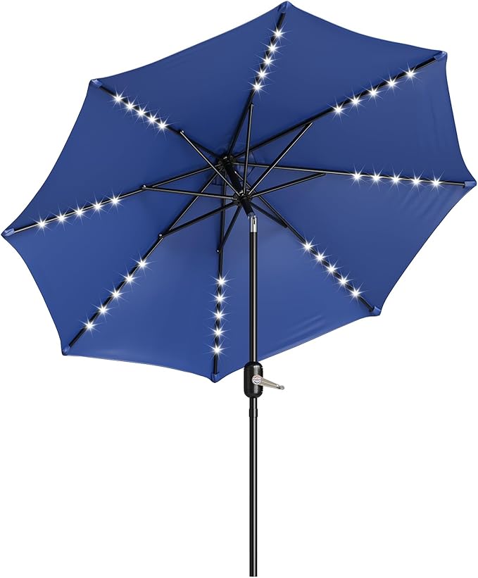 10 Ft Patio Umbrella With Solar Lights - Outdoor Table Umbrella With 40 LED Lights, Tilt Crank, 8 Ribs Market Umbrella for Pool, Deck, Backyard, Tan