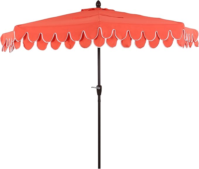 JONATHAN Y Terrace Scalloped 9 ft. Half Round Patio Umbrella with Crank Lift and Tilt, Coastal Semicircle Market Wall Umbrella for Balcony, Coral Red/White, Dark Brown Pole UMB1202A