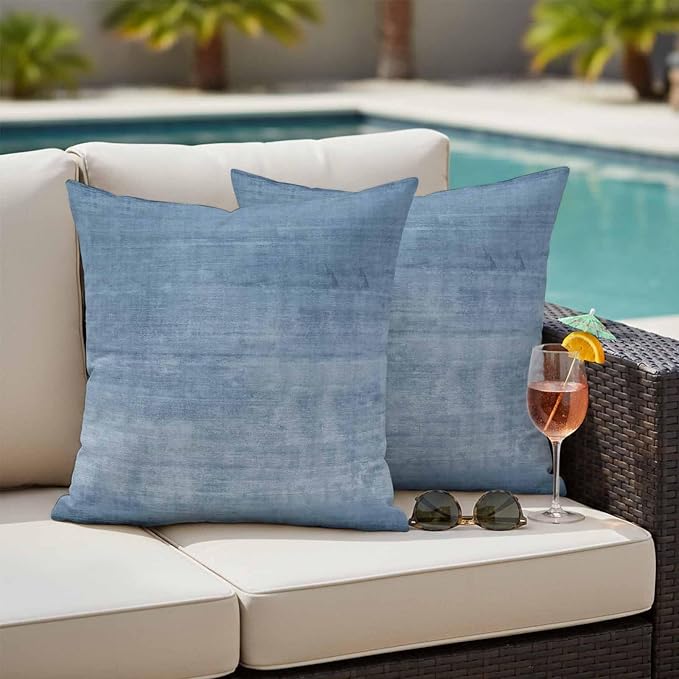 Vandarllin Outdoor Throw Pillows Covers 18x18 inch Set of 2 Waterproof Blue Linen Decorative Zippered Cushion Covers for Patio Furniture, Solid Color Texture Lumbar Pillowcases