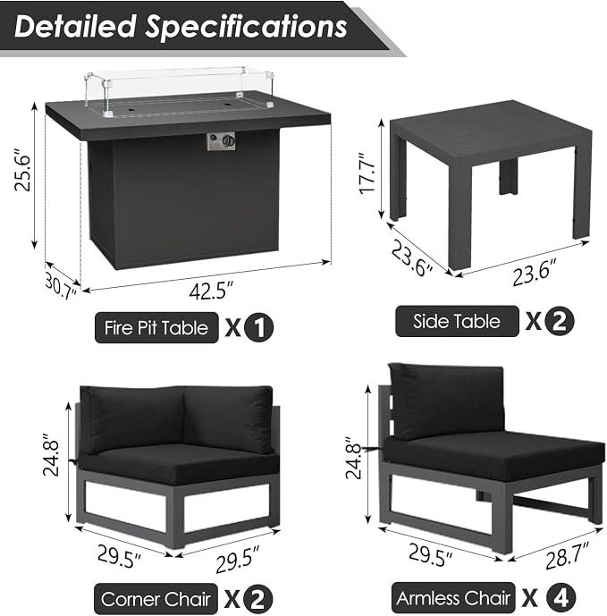 RADIATA 9 Pcs Large Modern Aluminum Outdoor Sofa with Rectangular Fire Pit Table, 29" Deep Wide Seat, 500 lbs Durable Sectional Set for Heavy People, All-Weather Patio Furniture Set for Terrace, Black