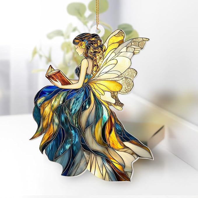 Fairy Stained Glass Style Acrylic Suncatcher, Fairy Ornament Window Hanging, Book Lover Gift for Women, Fantasy Fairy Decor, Book Lover, Librarian Gifts, Christmas Tree Ornament 4.5 Inch(Sun-01)
