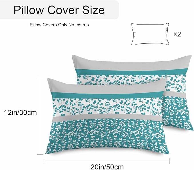Teal Floral Outdoor Pillow Covers 20x12 Inch Lumbar Pillow Covers Set of 2 Waterproof Decorative Throw Pillow Cases Botanical Blossom Motif Boho Grey Stripes Cushion Covers for Patio Furniture Garden