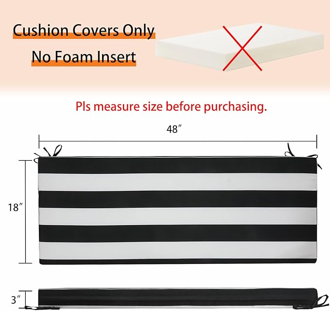 Magpie Fabrics Patio Bench Cushion Cover 48x18x3 Inch, NO Insert! Water&Fade Resistant Outdoor Loveseat Replacement Cover with Zipper (Black White)